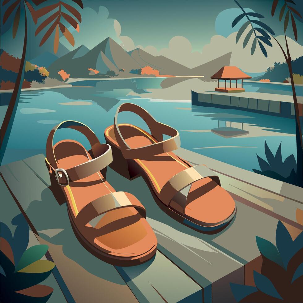 Women's sandals with a clasp and a low heel, wooden pier, pond vector