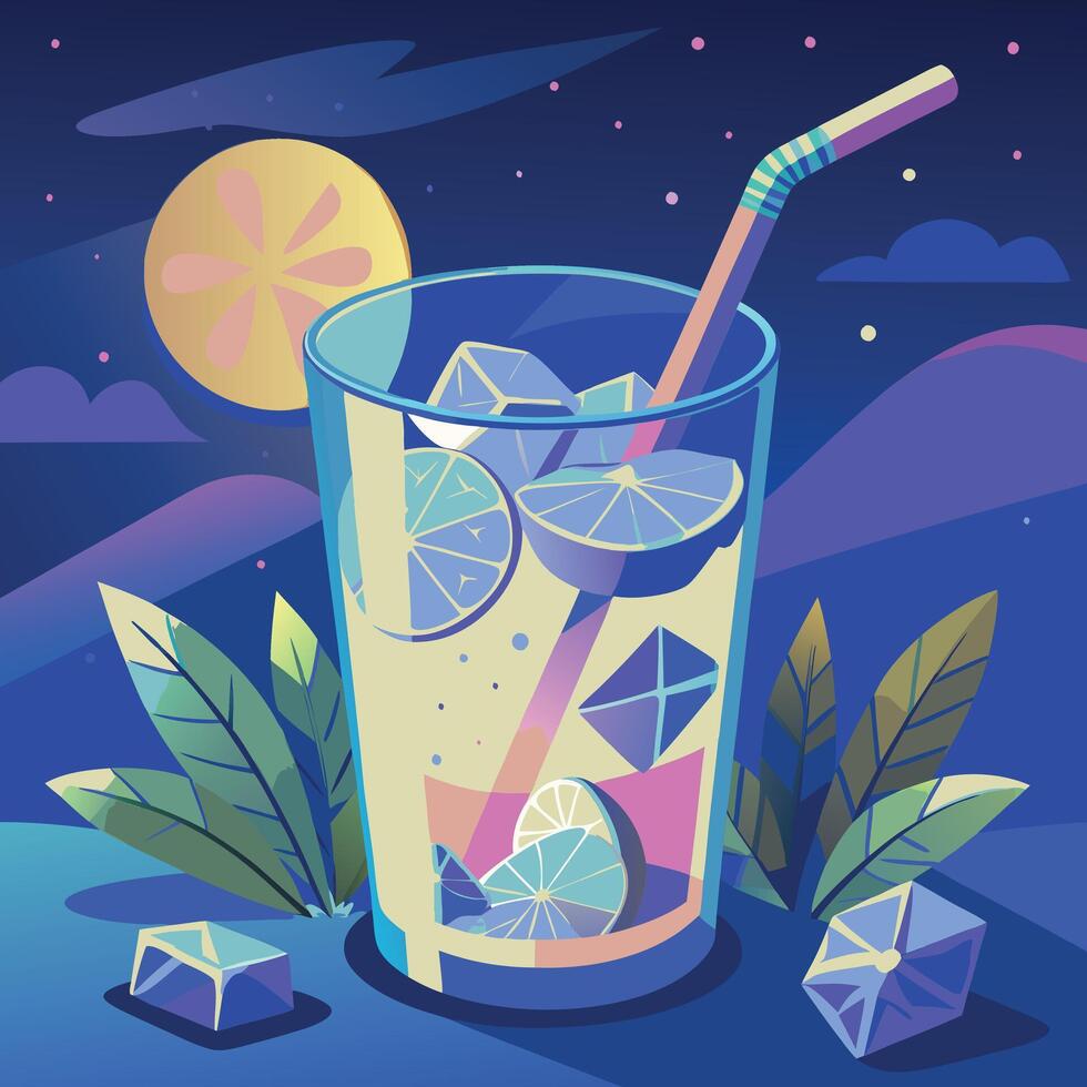 An artistic portrayal of a glass with ice and a straw under the serene moonlight, set in a tranquil outdoor landscape vector