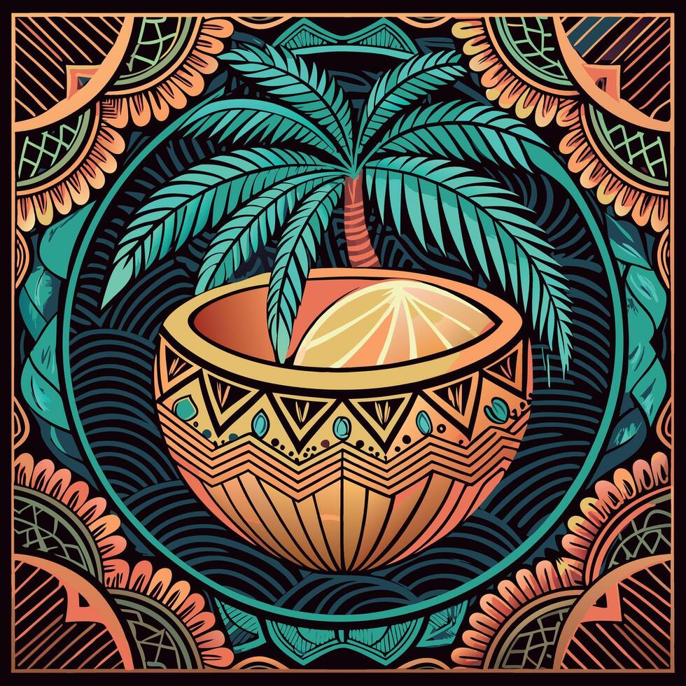 Decorative coconut with a palm tree, set against an ornate and vibrant background vector