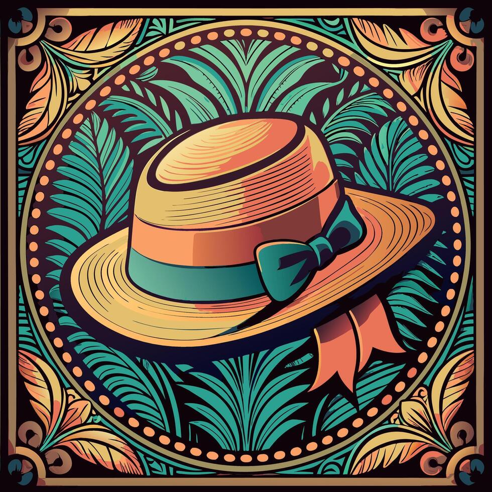 Vibrant summer hat with a decorative bow, orange and teal colors, dark backdrop vector