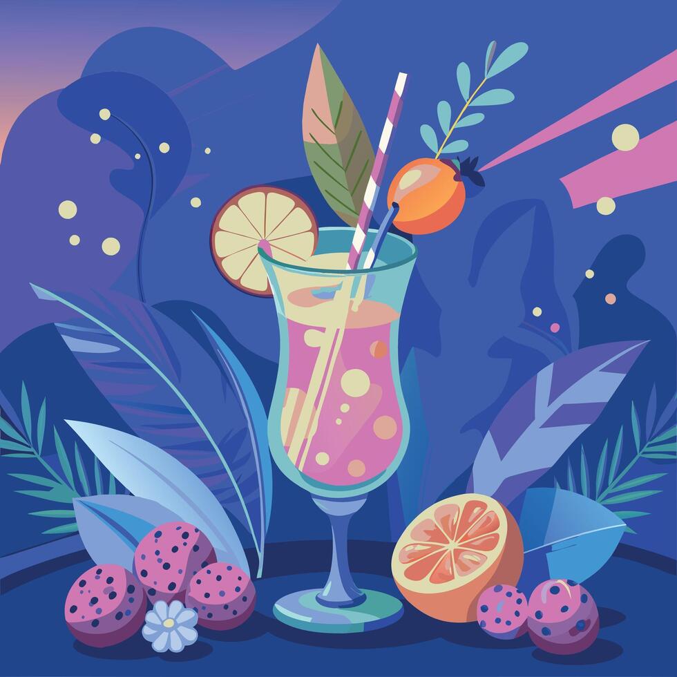 Illustration of a tropical fruit cocktail with a colorful background and various fruits, perfect for summer. vector