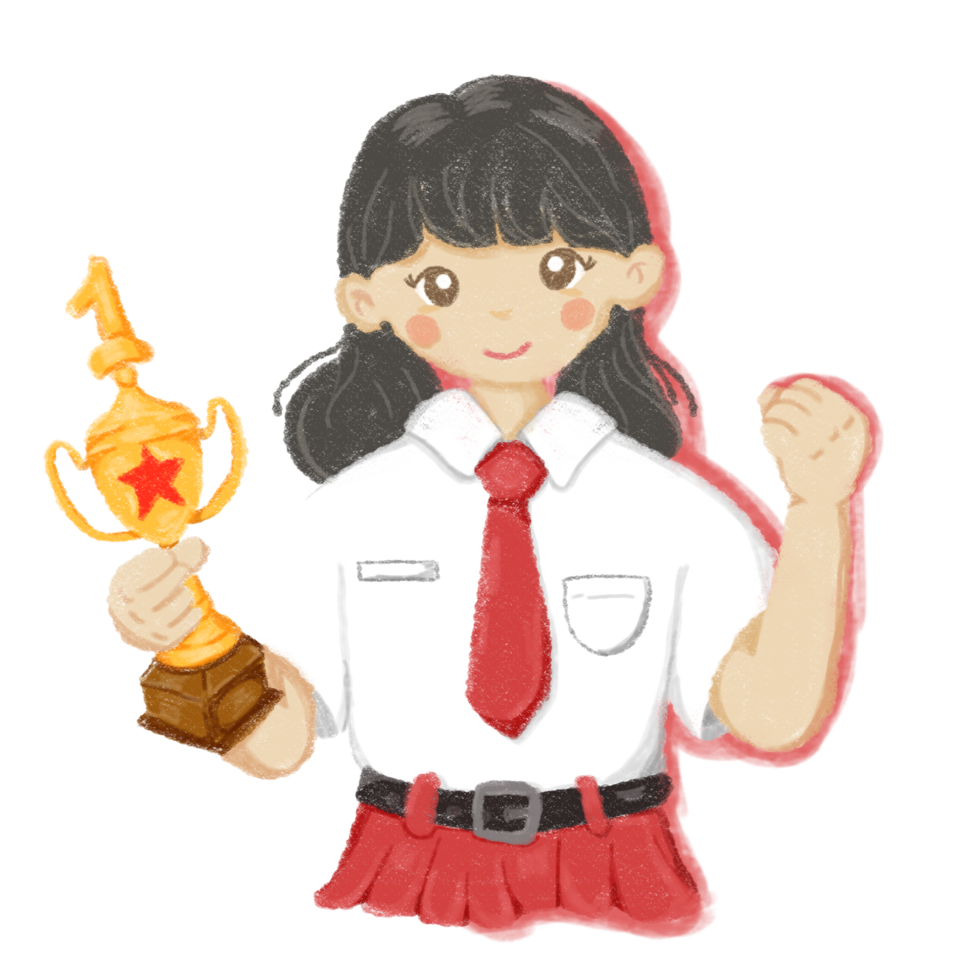 a girl in Indonesian school uniform holding a trophy png