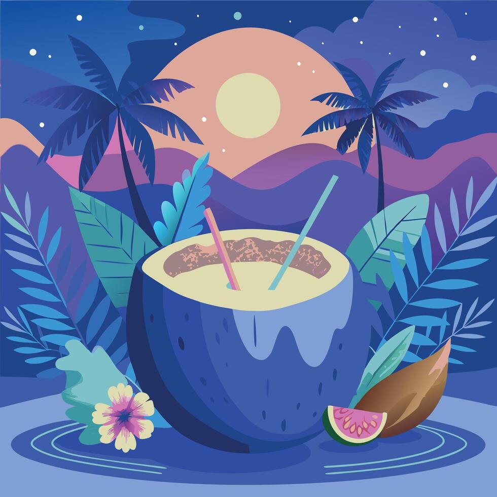 Try the Tropical Sunset Beverage A Refreshing Exotic Drink with Coconut and Palm Trees vector