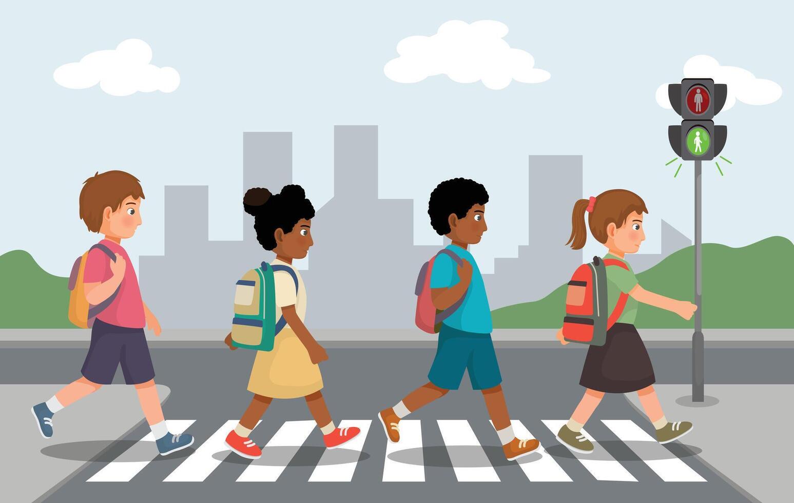 Cute students kids with backpack walking crossing road near traffic light on zebra crossing on the way to school vector