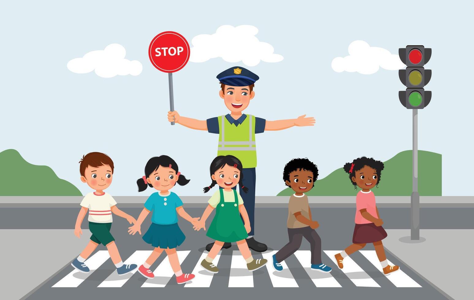 Kids walking crossing road near pedestrian traffic light on zebra cross with police traffic holding stop sign vector