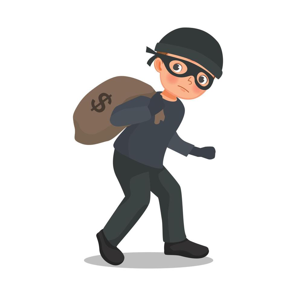 A thief carrying sack of stolen money walking carefully vector