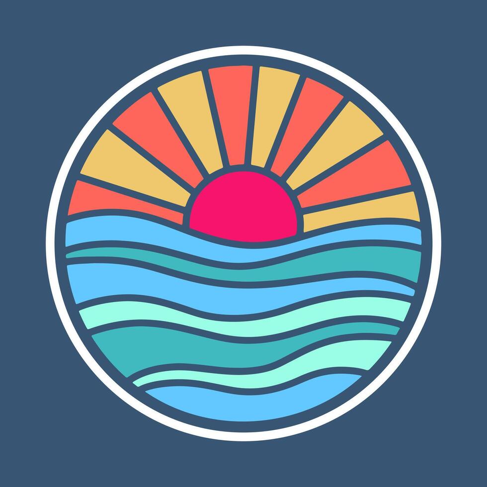 Sunrise and wave in summer time mono line design for t-shirt, badge, sticker, etc vector