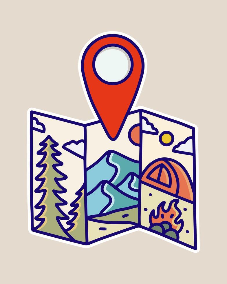 Camping nature camping activity design in map location shape figure design for t shirt sticker badge illustration vector