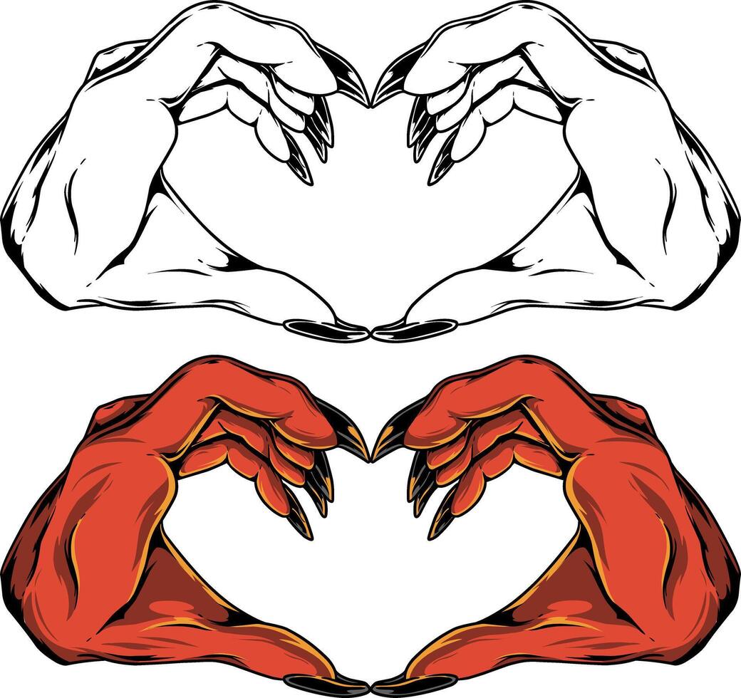 Devil Hands Forming Love Heart illustration. Hand of red devil sign love heart. hands in heart shape vector