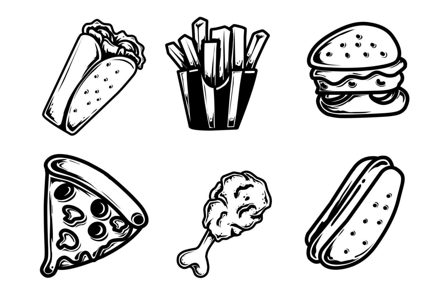 Fast food dishes doodle. Hand drawn Isolated objects. Hamburger, pizza, hot dog, cheeseburger, french fries, kebab, sandwich, fried chicken vector