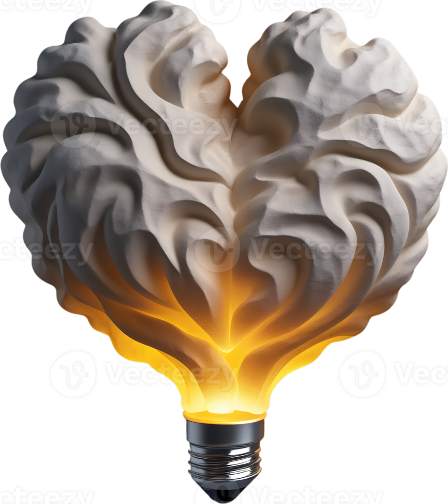Isolated lighting heart shaped lightbulb on transparent background, 3D abstract object, love symbol, passion, motivation, electricity, phycology, valentine, health symbol, soul, mental graphic design png