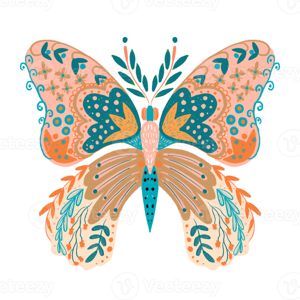 Beautiful, pastel colors hand drawn illustration, butterfly with spread wings as flowers and twigs. Can be used for invitation, card, poster, t-shirt, sticker, social net story and post. png