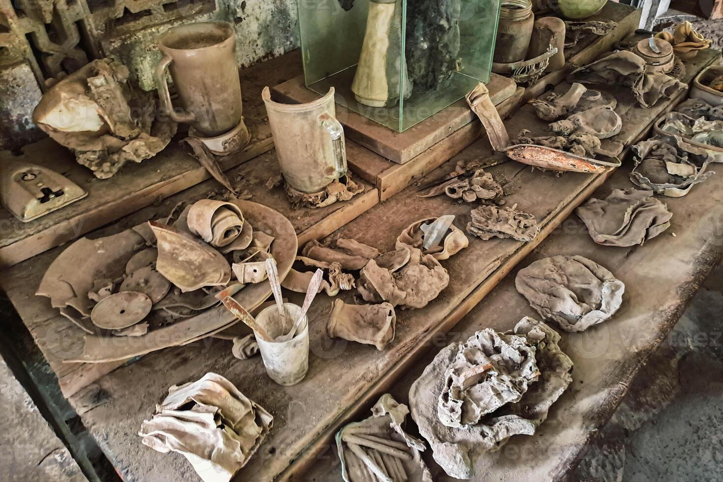 Household items identified from the remains of a particularly powerful volcanic eruption. Household items burned and destroyed due to the 2010 eruption of Mount Merapi photo