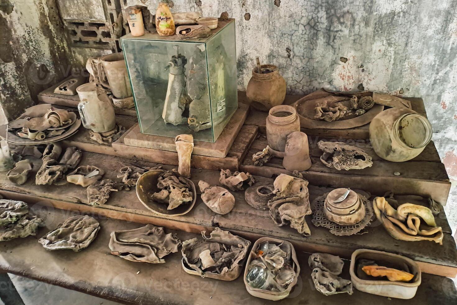 Household items identified from the remains of a particularly powerful volcanic eruption. Household items burned and destroyed due to the 2010 eruption of Mount Merapi photo