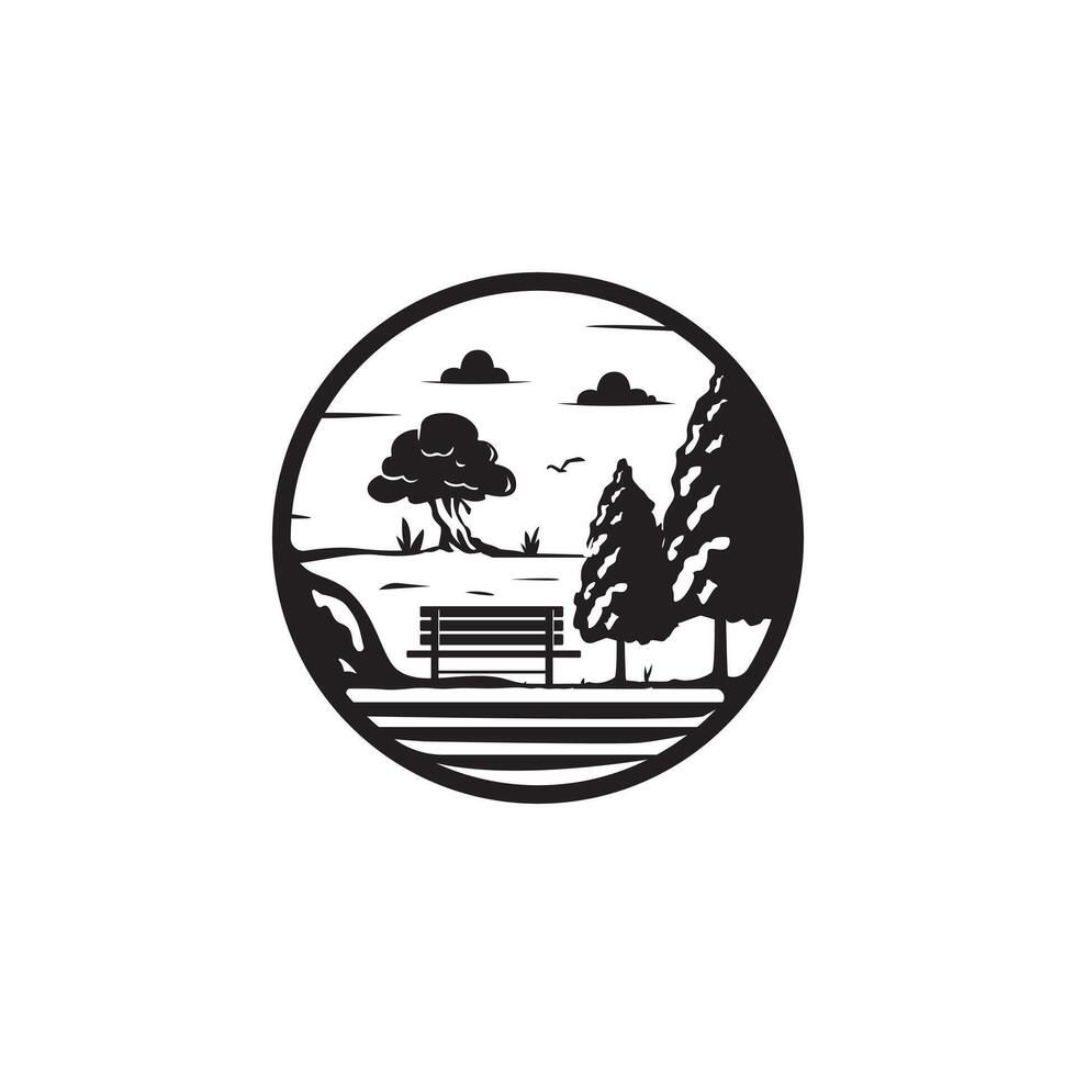 vintage retro wooden bench with pine hemlock evergreen tree landscape nature park logo design vector