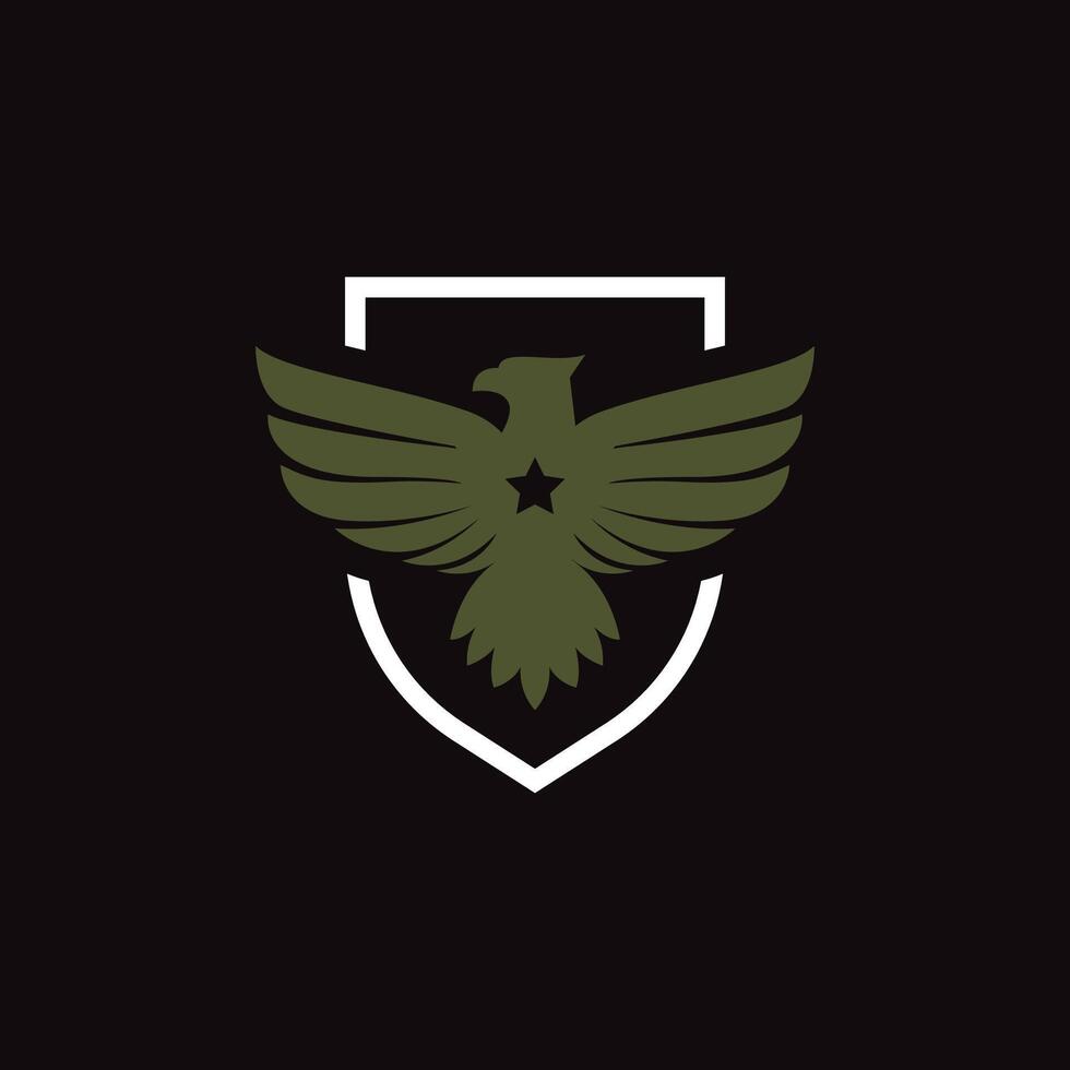 Flying Eagle Falcon Hawk Bird With Star Shield Secure For Army Military Logo Design vector