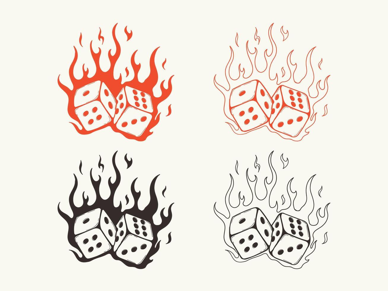 Hand drawn two game dices with flame. Casino games symbol, tattoo design vector