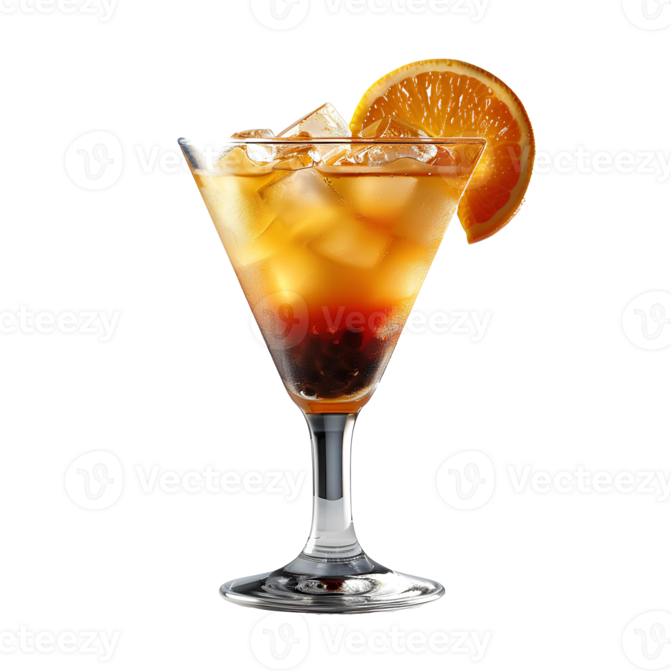 Tequila sunrise cocktail . Tequila sunrise in glass with tequila, orange juice, and grenadine syrup . Alcoholic beverage tequila sunrise as refreshment during summertime heats isolated png