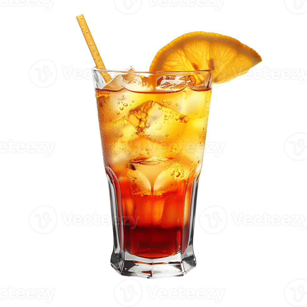 Tequila sunrise cocktail . Tequila sunrise in glass with tequila, orange juice, and grenadine syrup . Alcoholic beverage tequila sunrise as refreshment during summertime heats isolated png