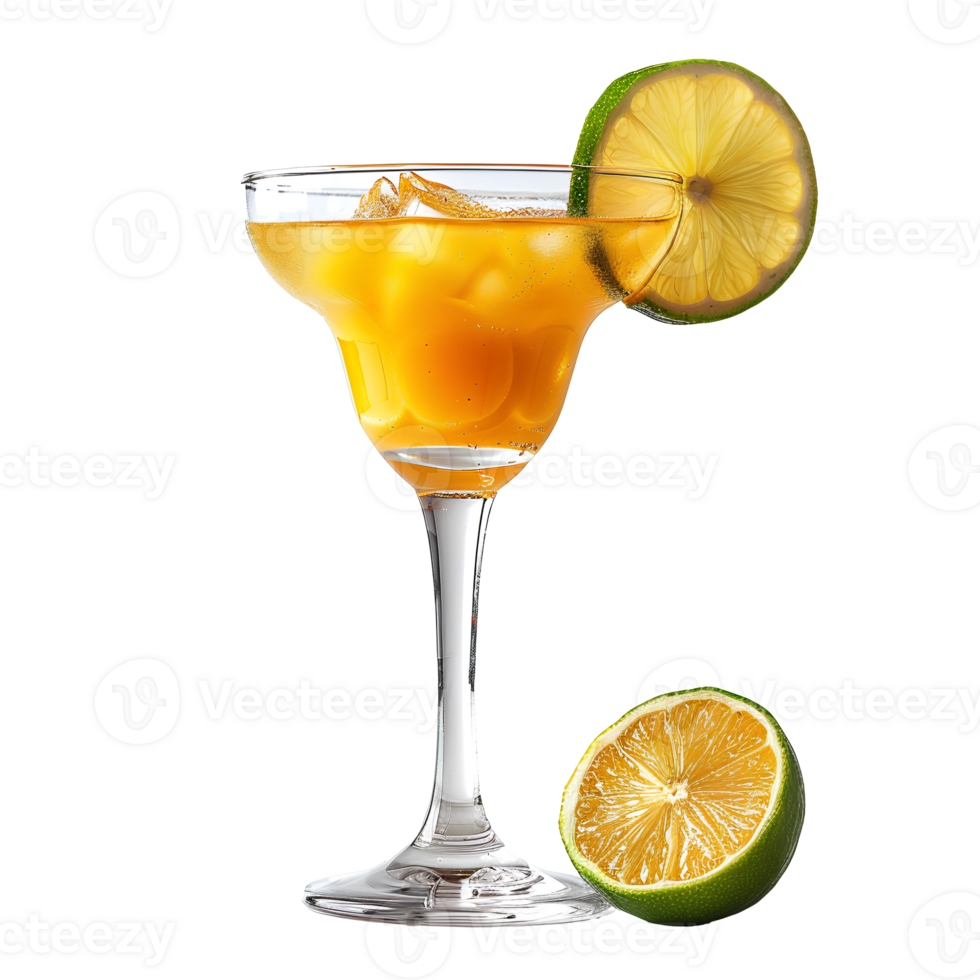Daiquiri cocktail . Alcoholic beverage daiquiri with rum, citrus juice, and sugar isolated. Alcoholic beverage with fruit as refreshment during summertime heats . Beach cocktail png