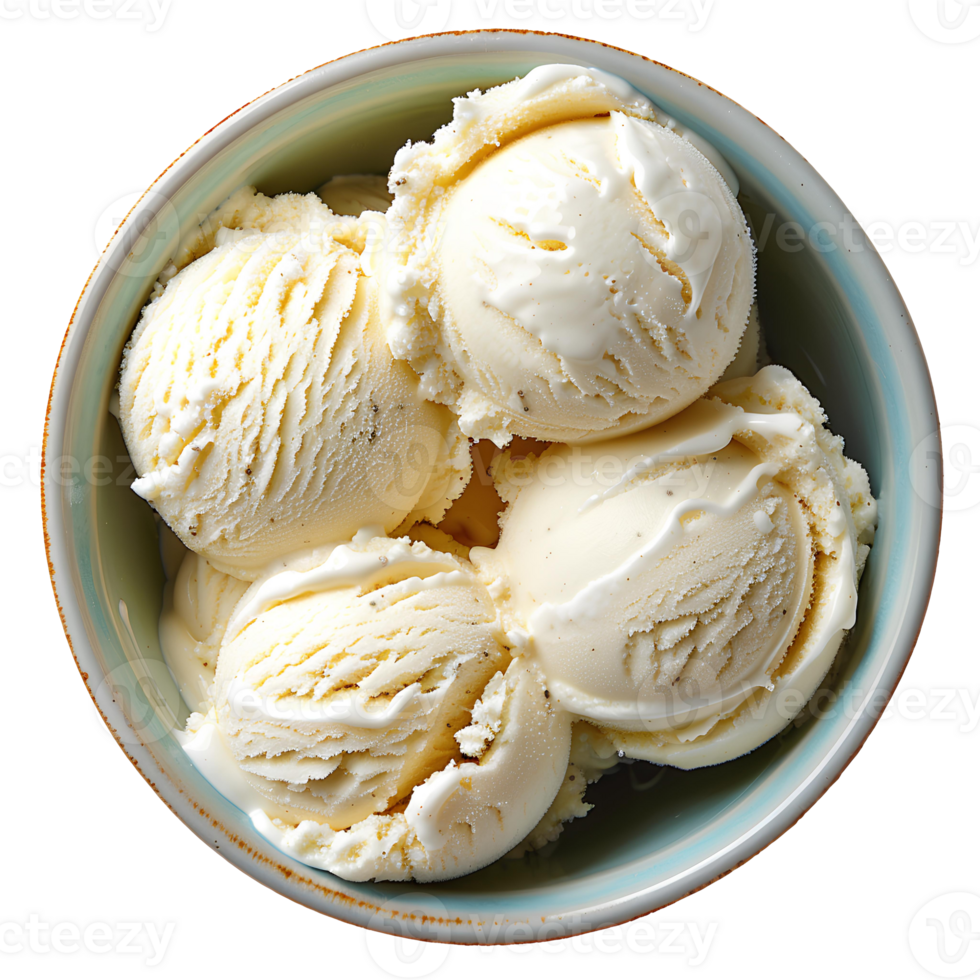 Vanilla ice cream bowl . Vanilla ice cream in ceramic bowl top view . Summertime dessert vanilla ice cream flat lay isolated png