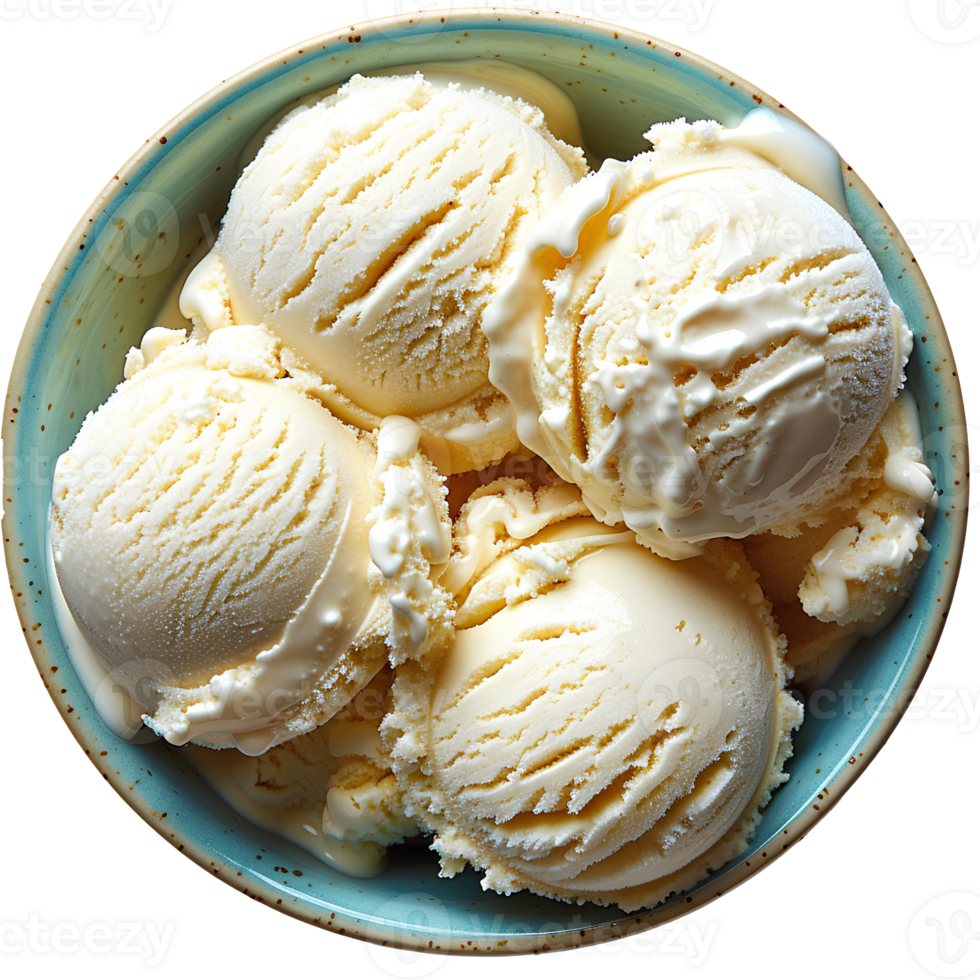 Vanilla ice cream bowl . Vanilla ice cream in ceramic bowl top view . Summertime dessert vanilla ice cream flat lay isolated png