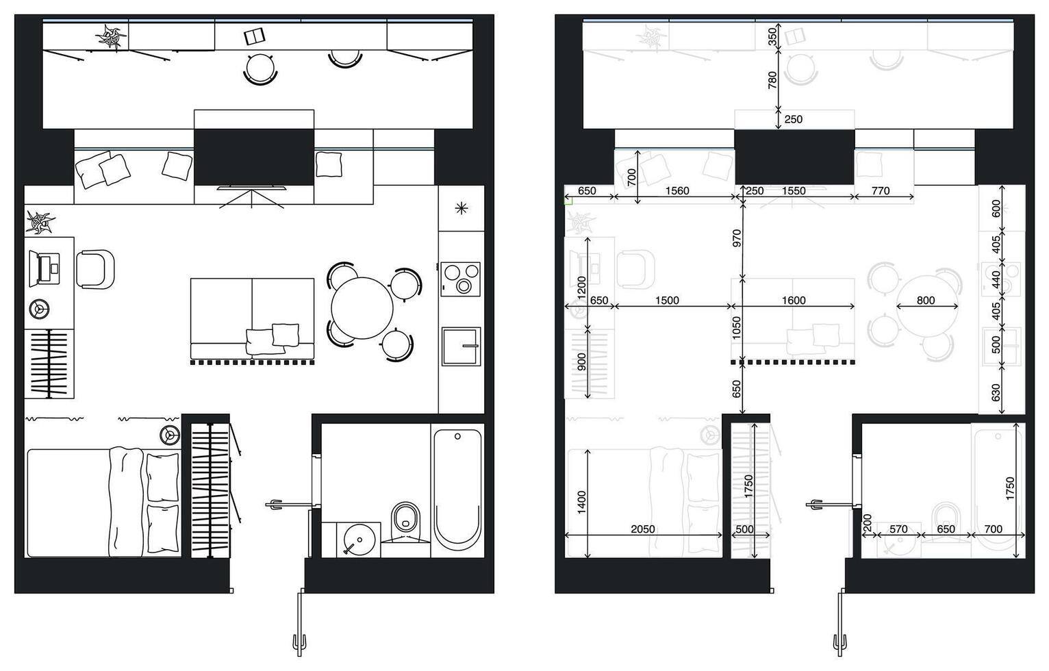 Architectural measuring plan of apartment and floor plan of arrangement of furniture. Interior house in top view vector
