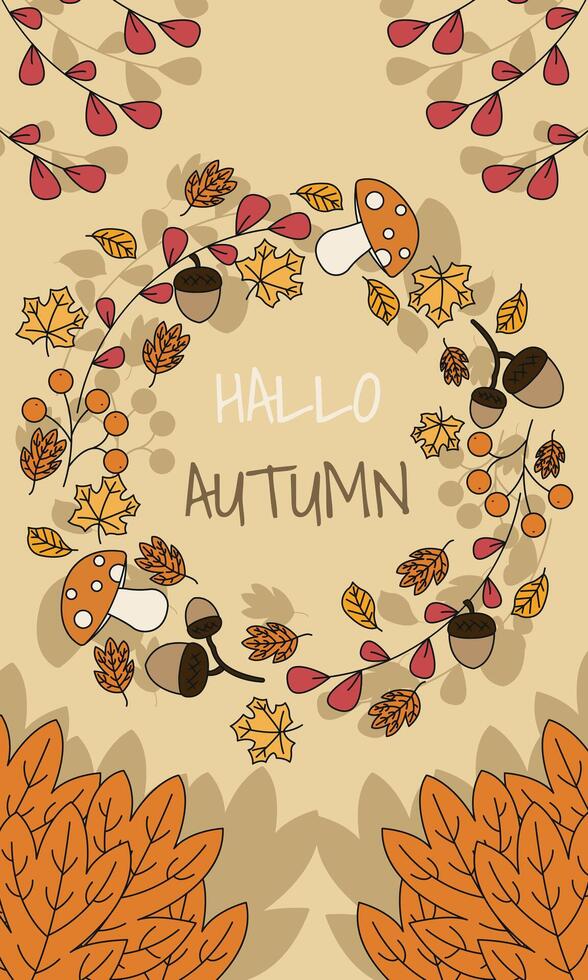 hello autumn poster text, leaves fall outline illustration, round autumn frame vector