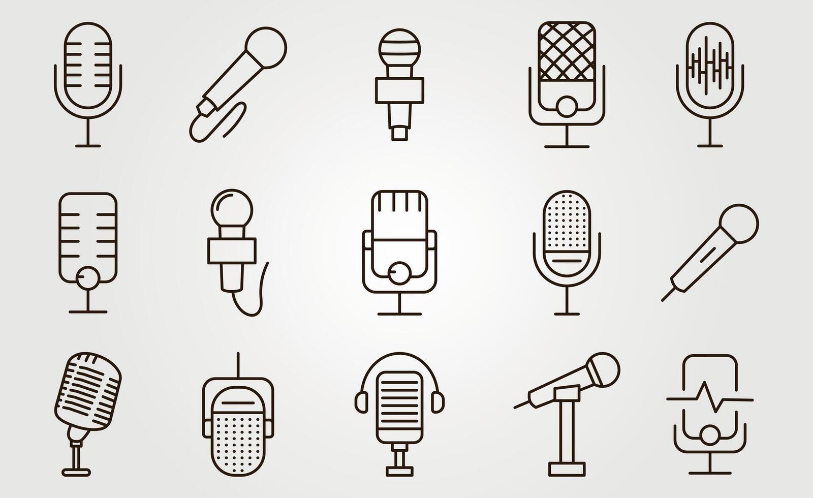 set of microphone line art icons, audio, wave, headset, vocal, podcast, sign and symbol vector