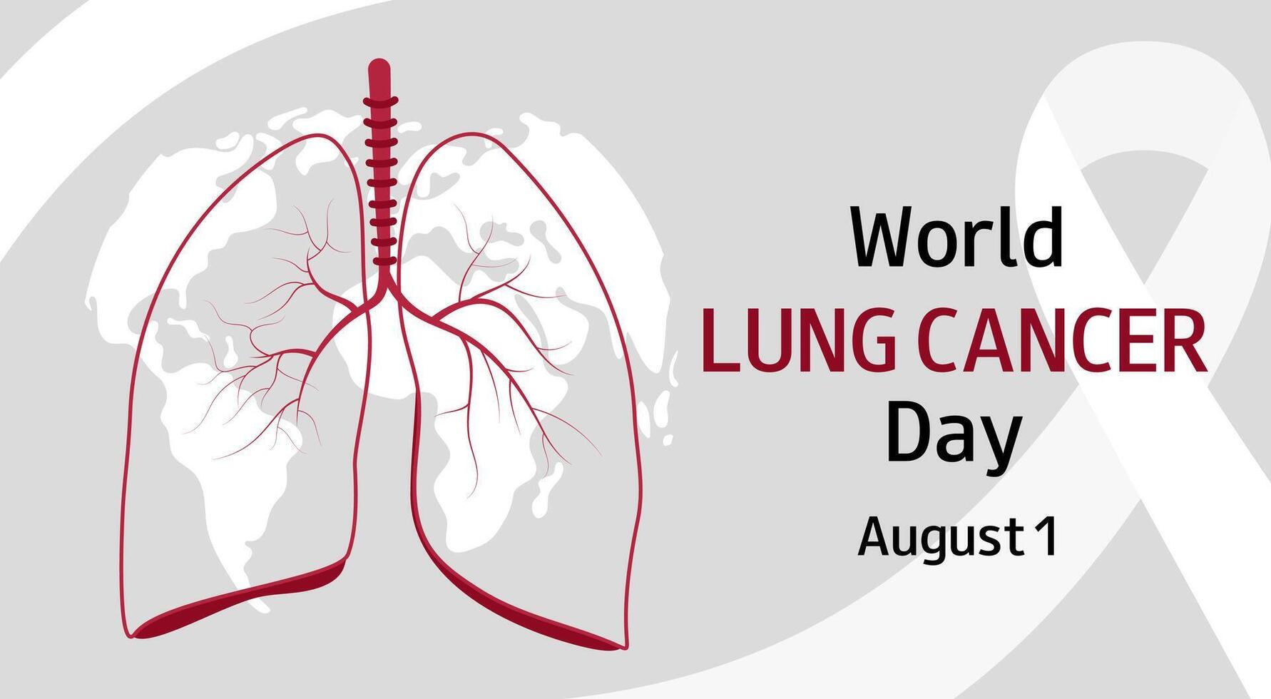 World Lung Cancer Day. August 1. Silhouette of human lungs, world maps and ribbon. Medical banner, poster, presentation, social media template. vector