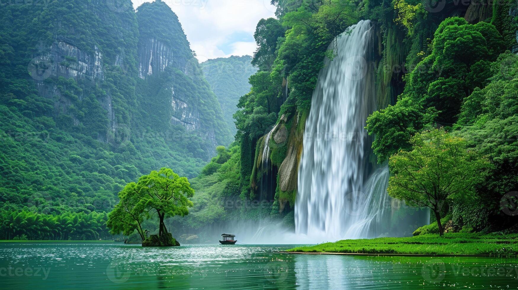 Emerald lake with towering green cliffs and falls photo