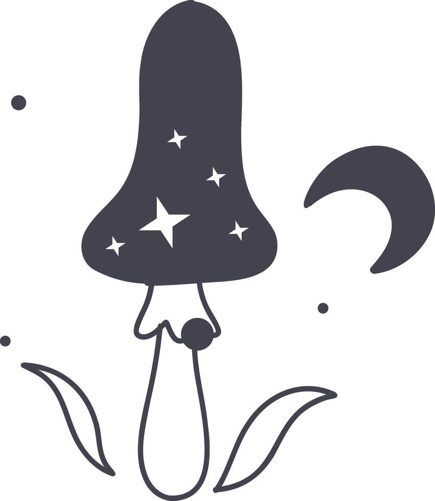 Celestial Magic Mushroom in Minimalist Doodle Style. Mystical Bohemian Mushroom. vector