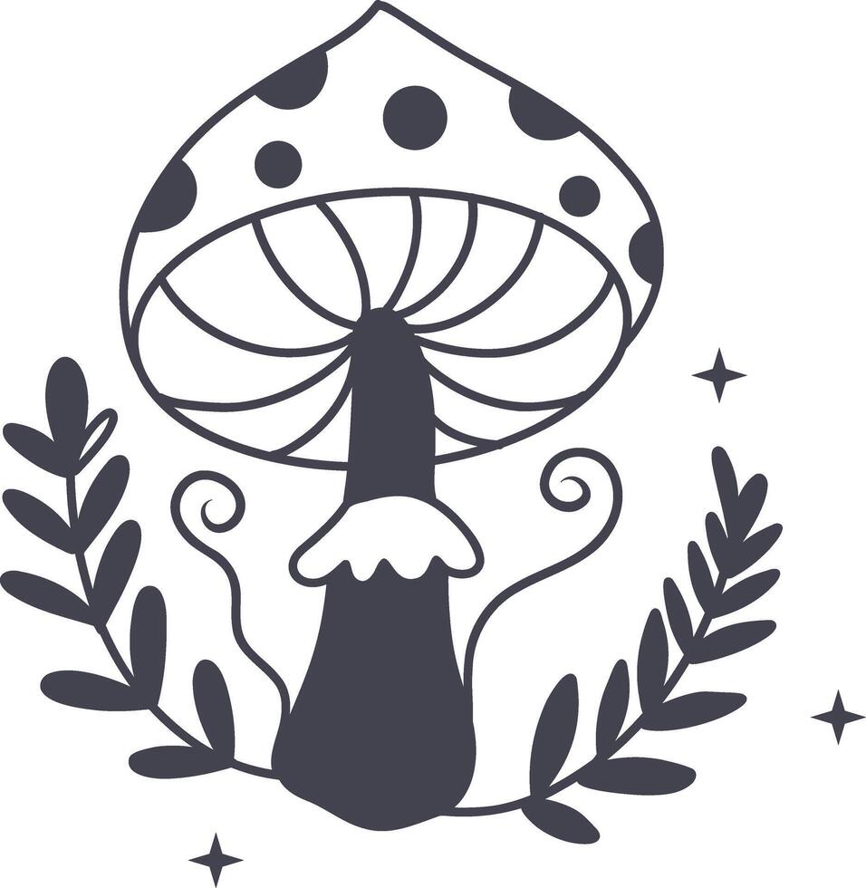 Celestial Magic Mushroom in Minimalist Doodle Style. Mystical Bohemian Mushroom. vector