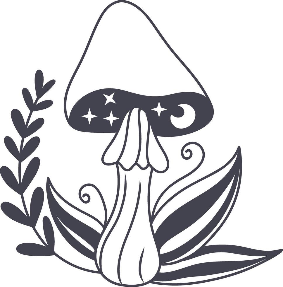 Celestial Magic Mushroom in Minimalist Doodle Style. Mystical Bohemian Mushroom. vector
