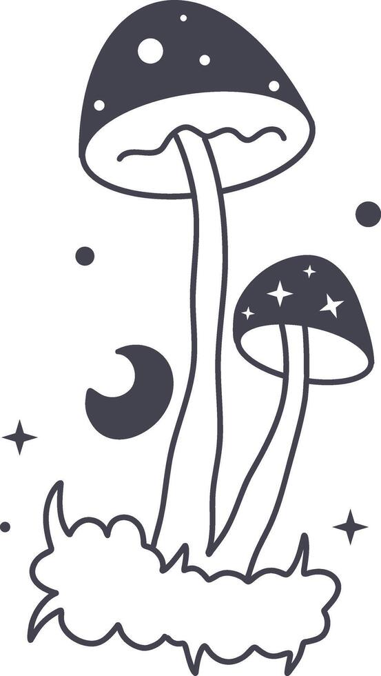 Celestial Magic Mushroom in Minimalist Doodle Style. Mystical Bohemian Mushroom. vector