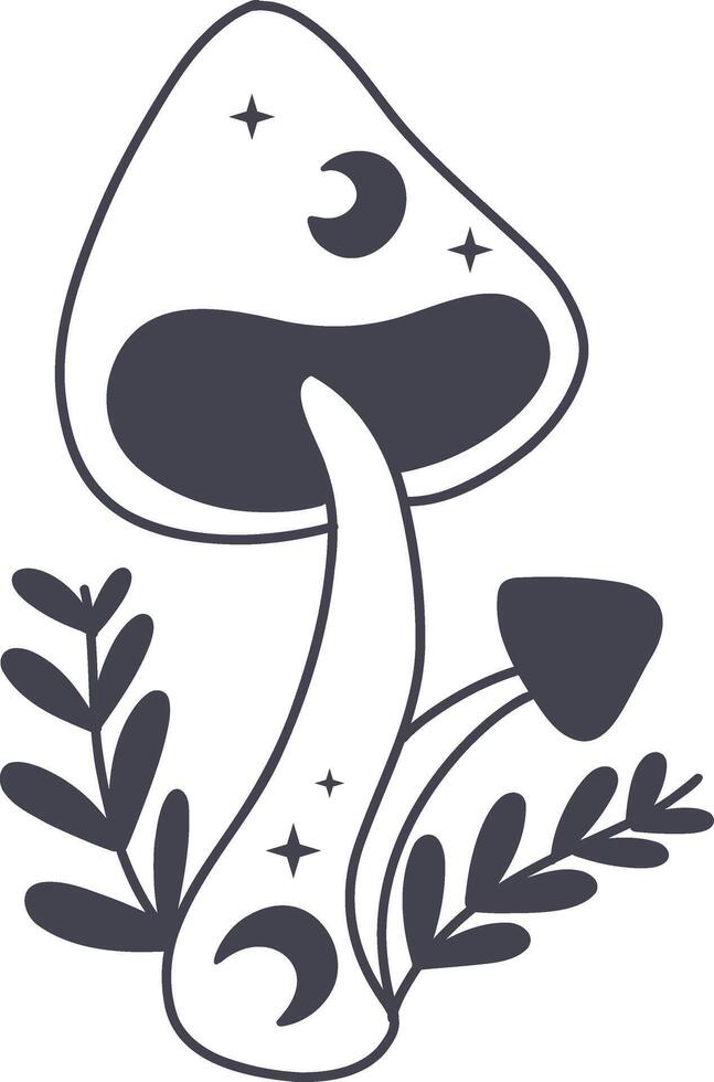 Celestial Magic Mushroom in Minimalist Doodle Style. Mystical Bohemian Mushroom. vector