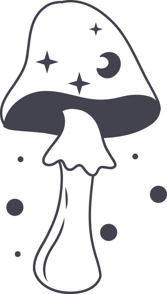 Celestial Magic Mushroom in Minimalist Doodle Style. Mystical Bohemian Mushroom. vector