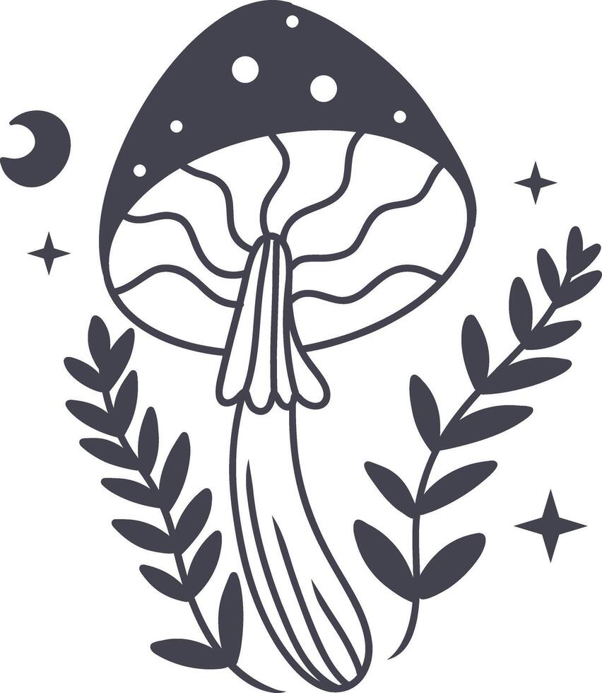 Celestial Magic Mushroom in Minimalist Doodle Style. Mystical Bohemian Mushroom. vector