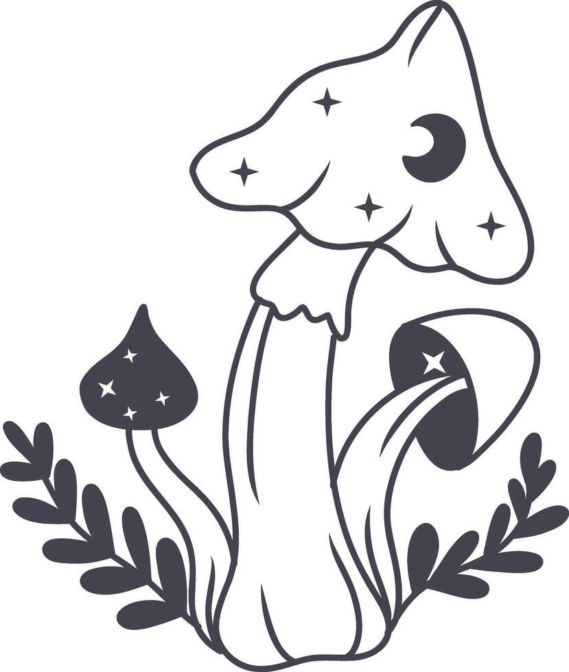 Celestial Magic Mushroom in Minimalist Doodle Style. Mystical Bohemian Mushroom. vector