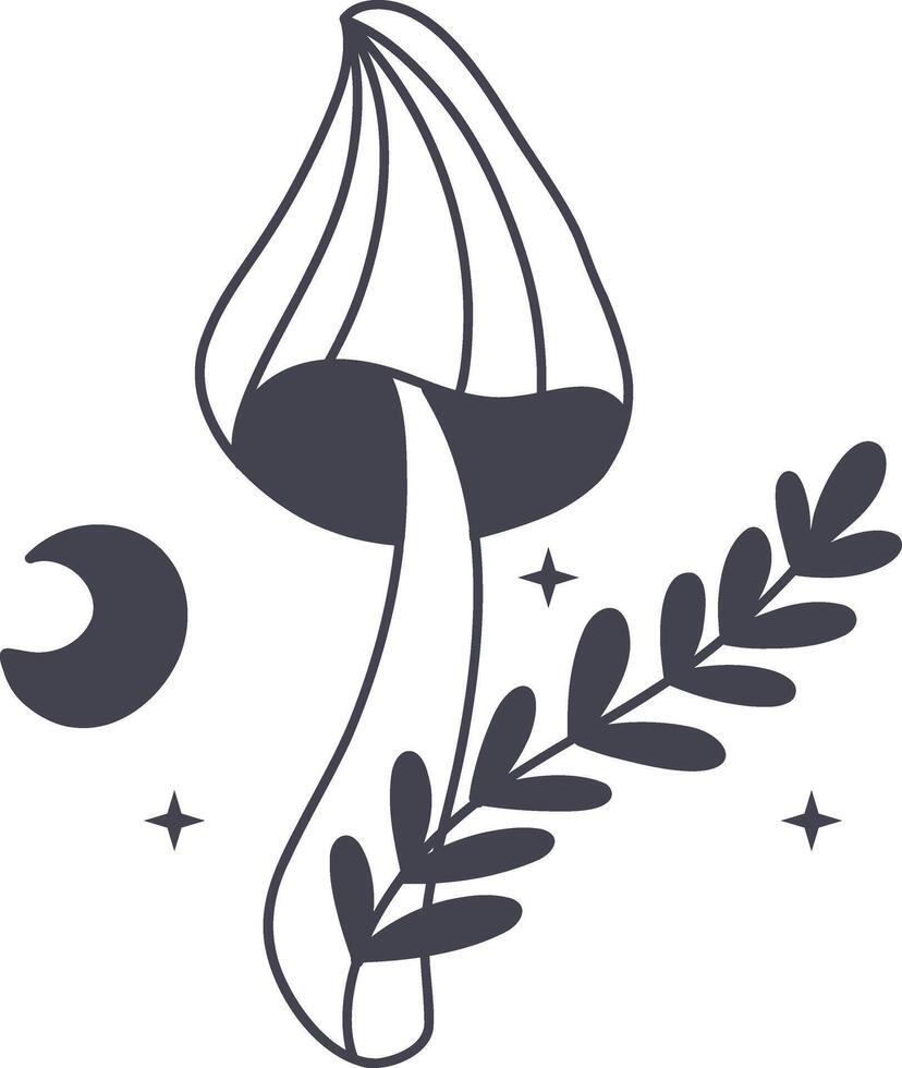 Celestial Magic Mushroom in Minimalist Doodle Style. Mystical Bohemian Mushroom. vector