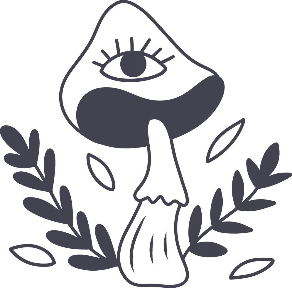 Celestial Magic Mushroom in Minimalist Doodle Style. Mystical Bohemian Mushroom. vector
