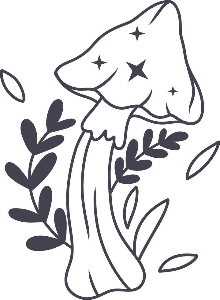 Celestial Magic Mushroom in Minimalist Doodle Style. Mystical Bohemian Mushroom. vector