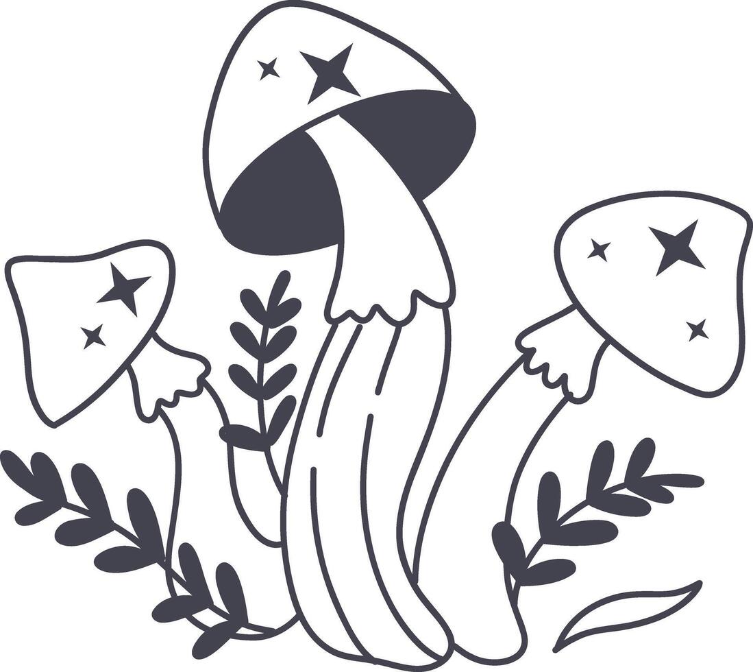 Celestial Magic Mushroom in Minimalist Doodle Style. Mystical Bohemian Mushroom. vector