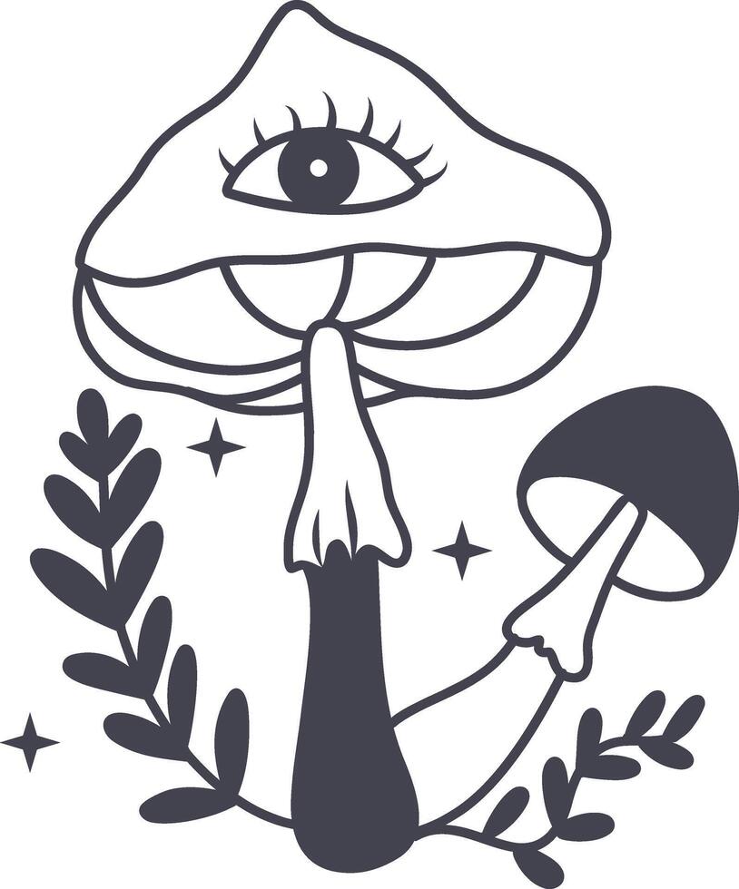 Celestial Magic Mushroom in Minimalist Doodle Style. Mystical Bohemian Mushroom. vector