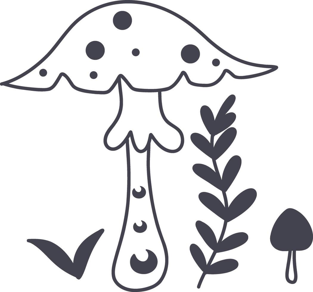 Celestial Magic Mushroom in Minimalist Doodle Style. Mystical Bohemian Mushroom. vector
