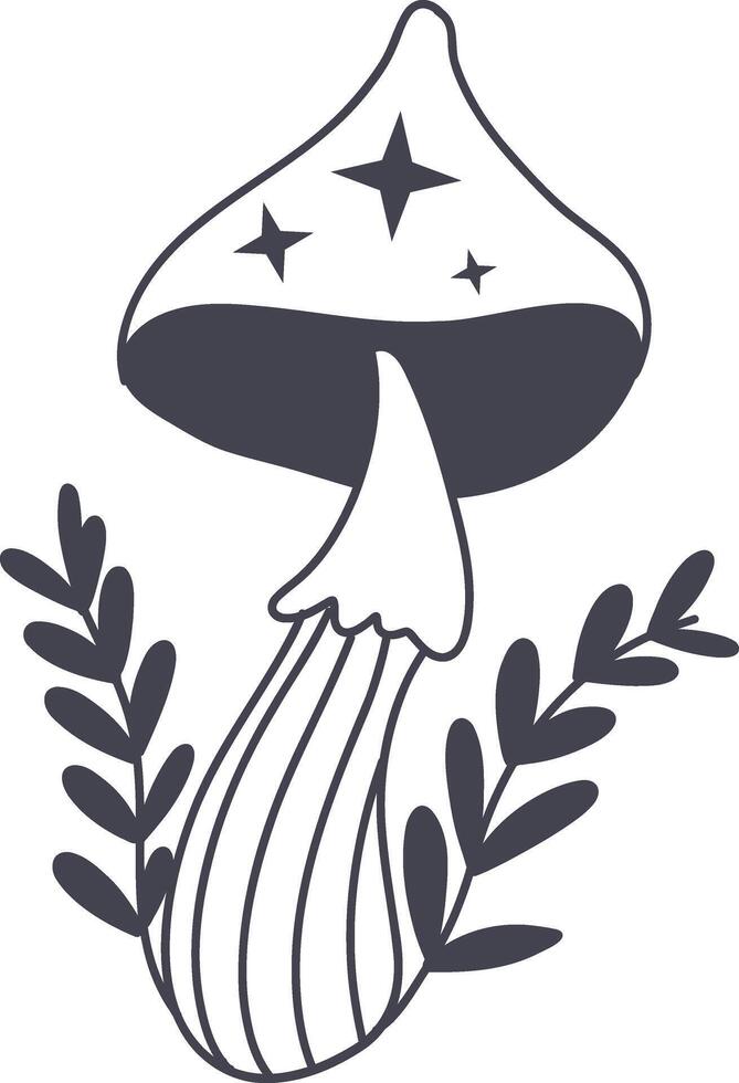Celestial Magic Mushroom in Minimalist Doodle Style. Mystical Bohemian Mushroom. vector