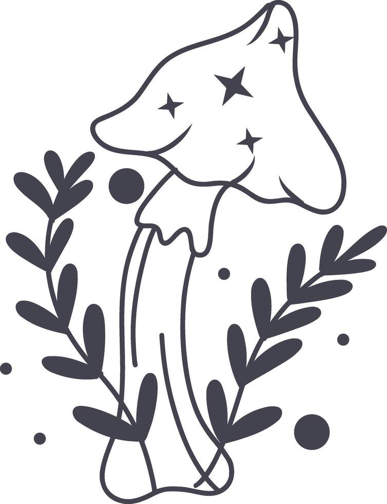 Celestial Magic Mushroom in Minimalist Doodle Style. Mystical Bohemian Mushroom. vector