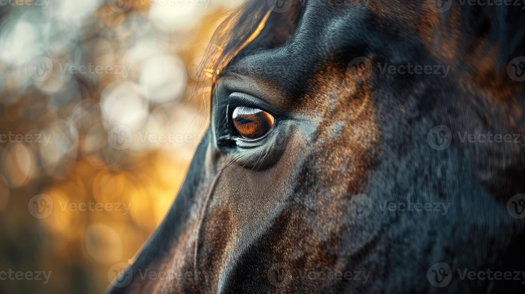 Detailed close-up of a horse head with sunlight. photo