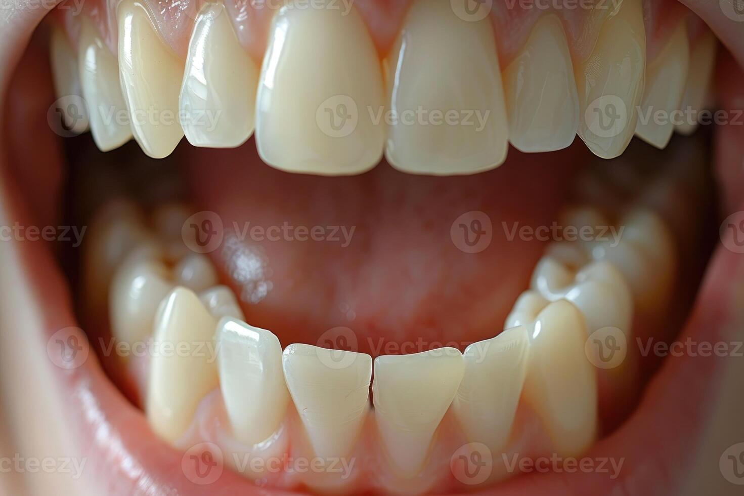 Close-up of aligned upper teeth and misaligned lower teeth photo