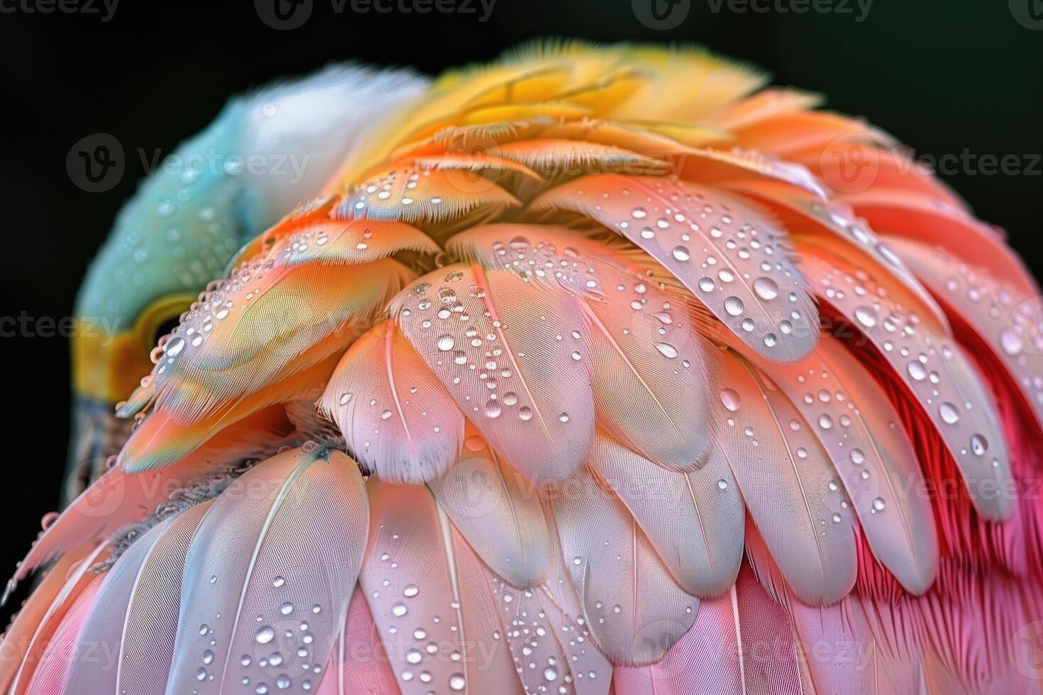 Close-up of vibrant, colorful feathers with water droplets photo